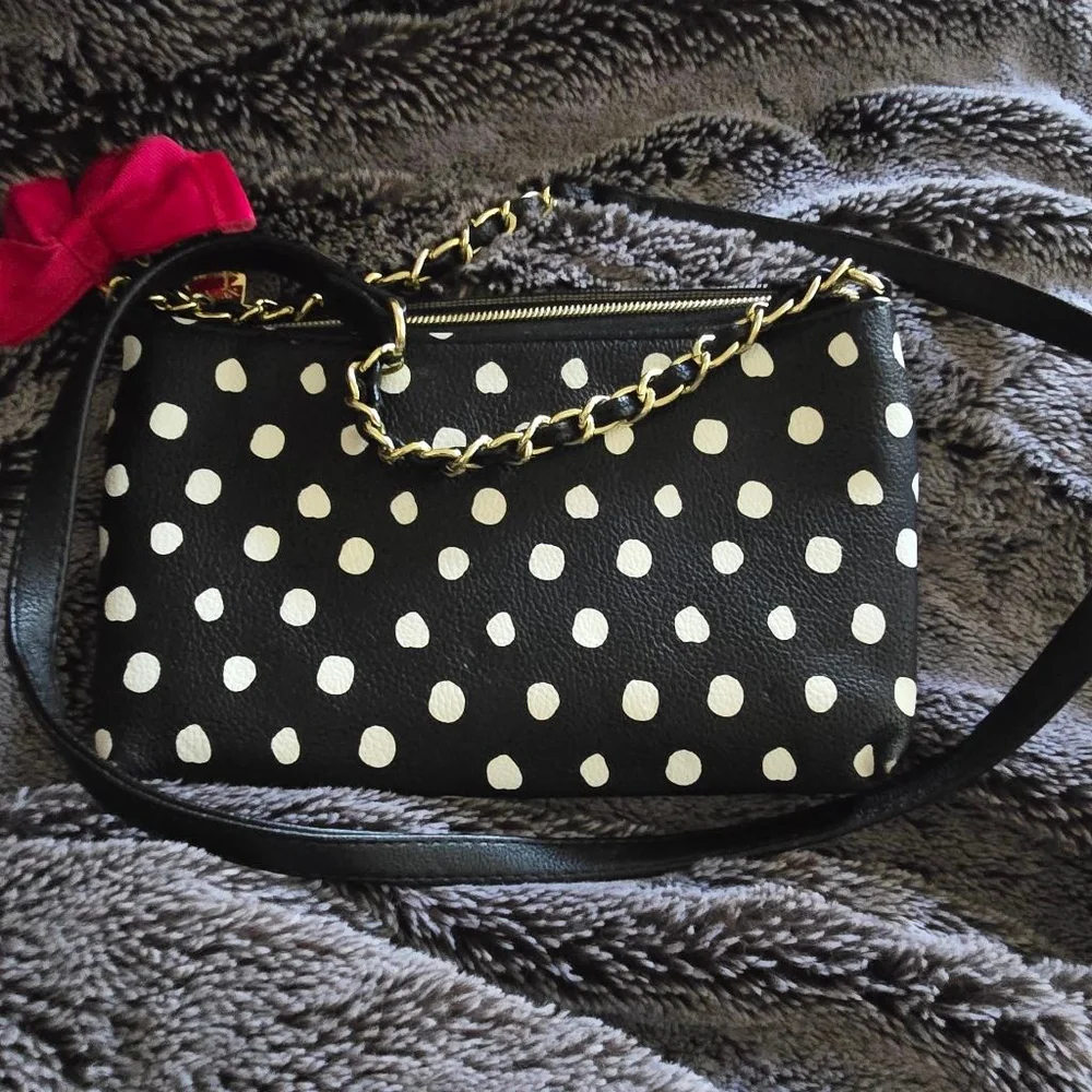 Rare Betsey Johnson Y2K Crossbody Bag Black White Striped Polka Dot Chain Bow